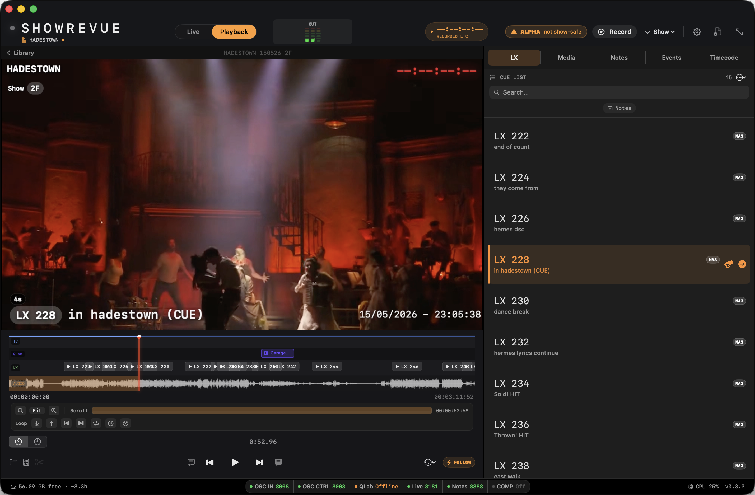 ShowRevue in playback — synced video, cue list, and timeline