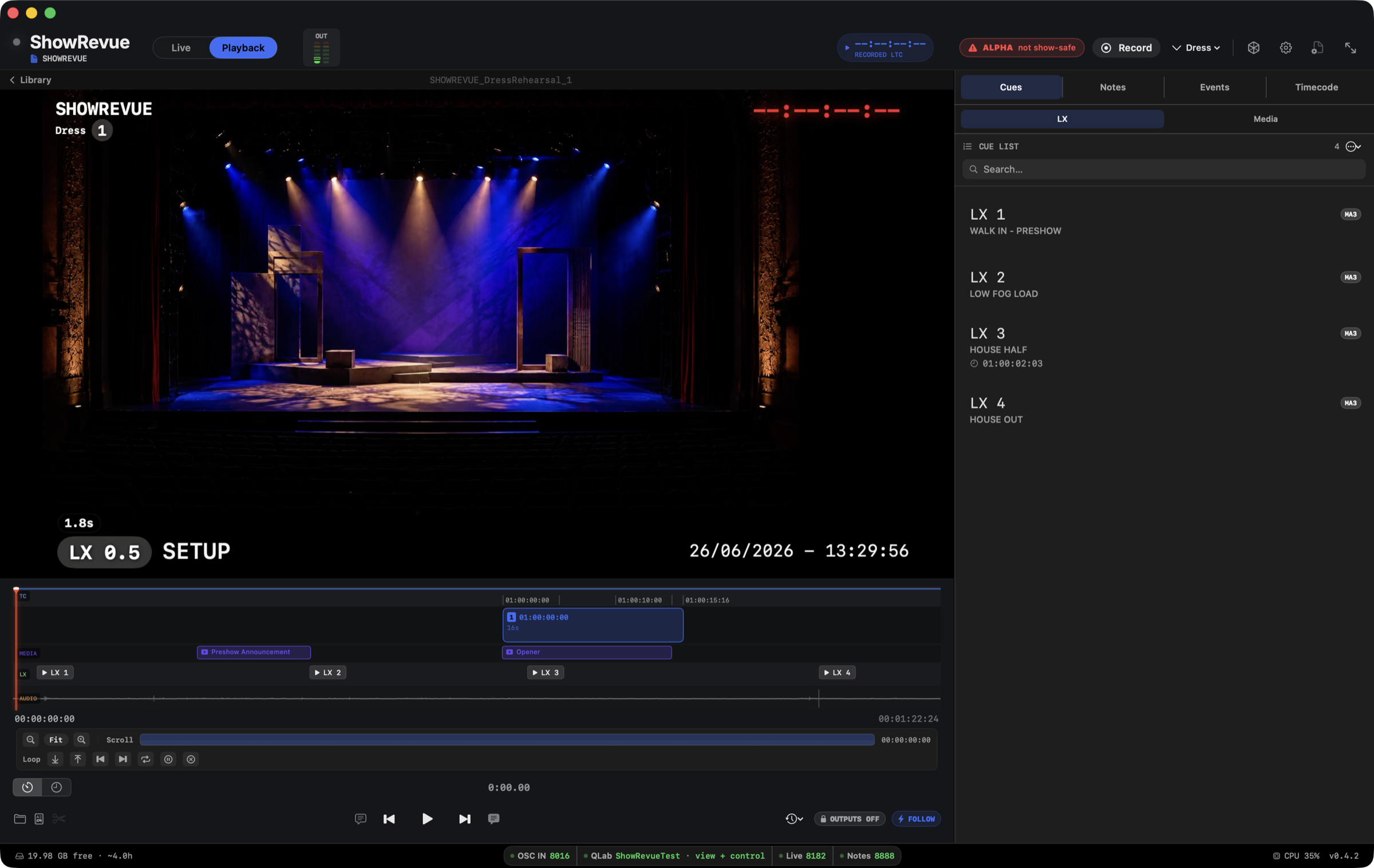 ShowRevue in playback — the stage video with its cue overlay, the cue list, and the multi-lane timeline (LX, media and audio) on one screen